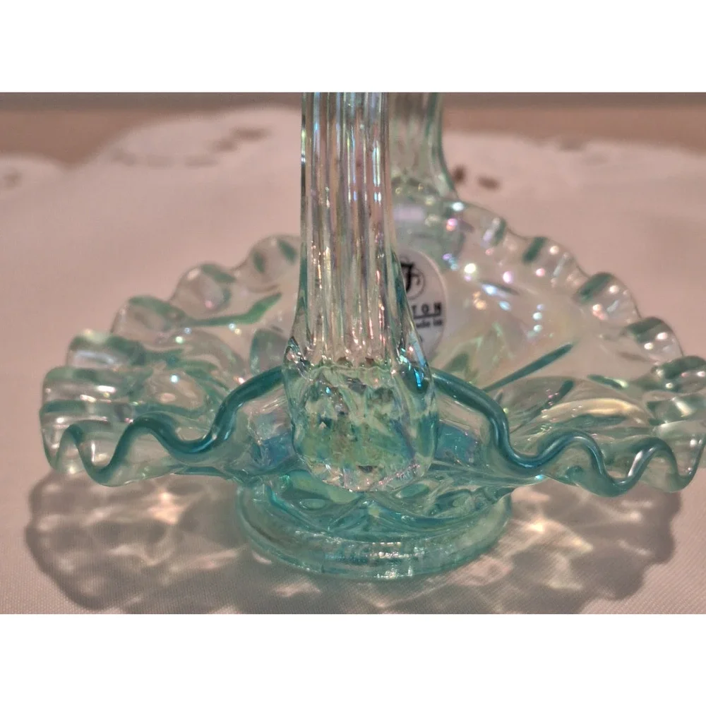 Vintage Fenton Glass Aquamarine Iridescent Ruffled Mini Basket Sticker